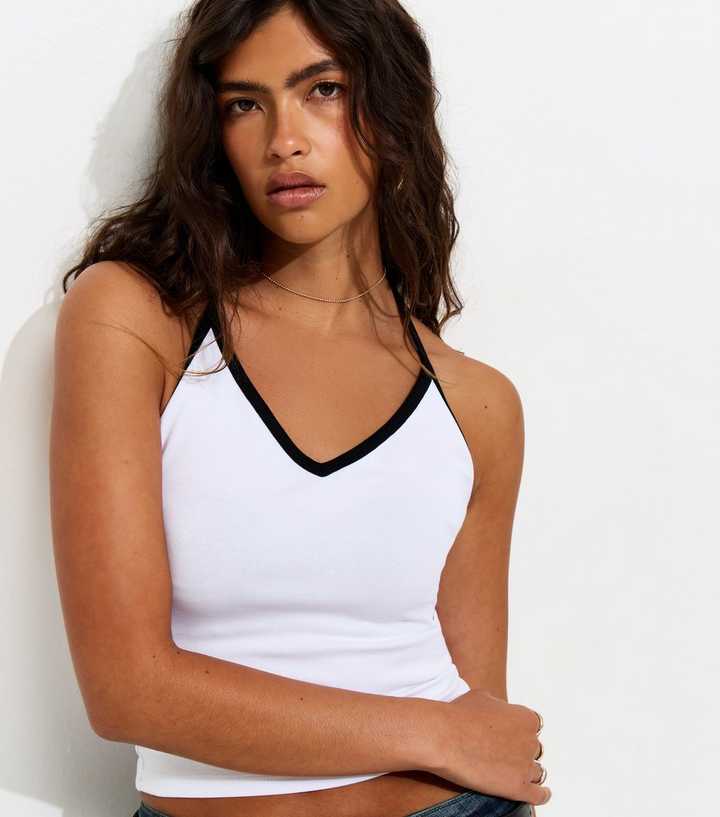 White Contrast Trim Halter Neck Top