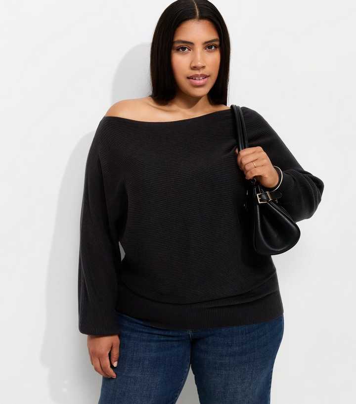 Curves Black Ribbed Knit Slash Neck Batwing Sleeve Top