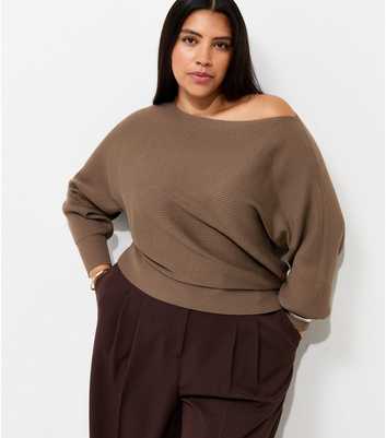 Curves Dark Mink Ribbed Knit Slash Neck Batwing Sleeve Top