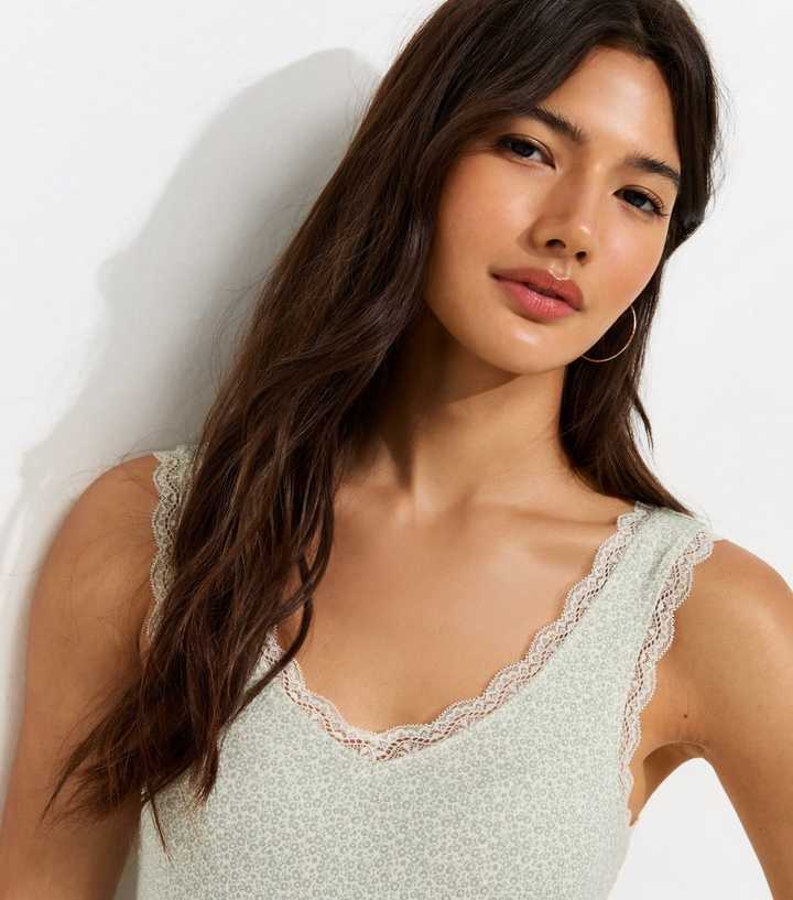 Green Cotton Rich Ditsy Floral Lace Trim Vest
