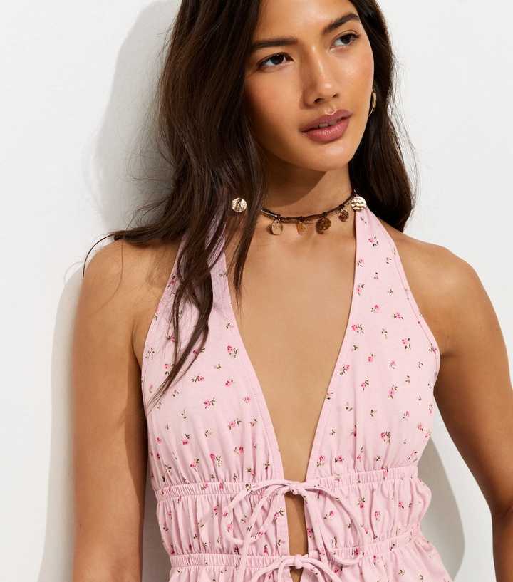 Light Pink Floral Print Tie Front Halter Neck Top