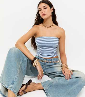 Blue Cotton Rich Striped Bandeau Top