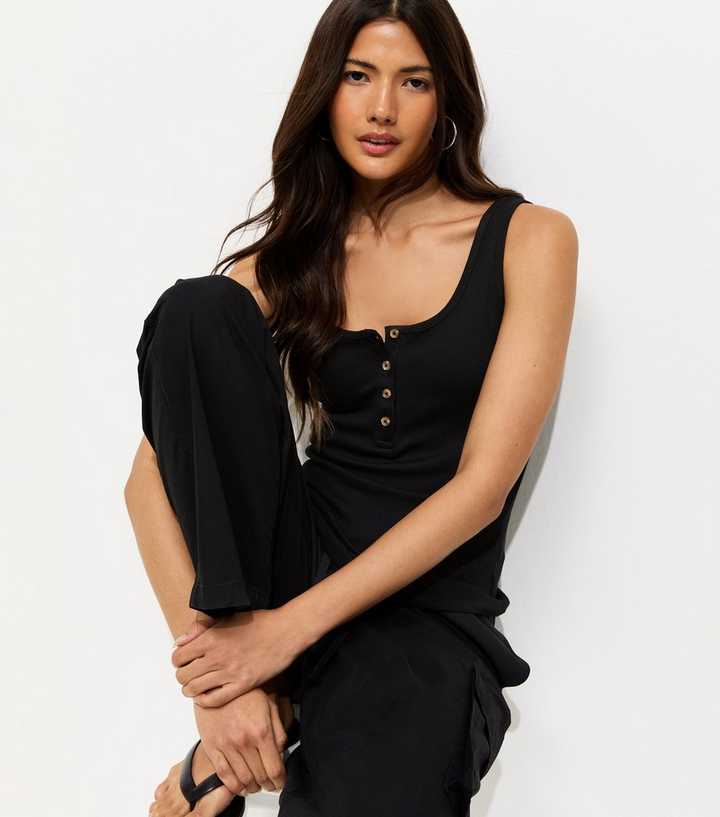 Black Henley Button Front Vest Top