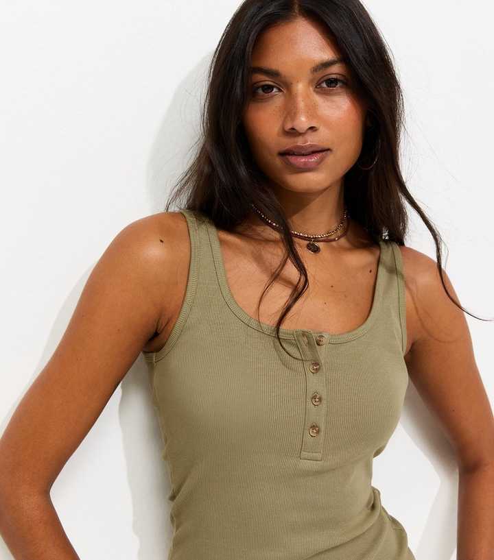 Light Khaki Henley Button Front Vest Top