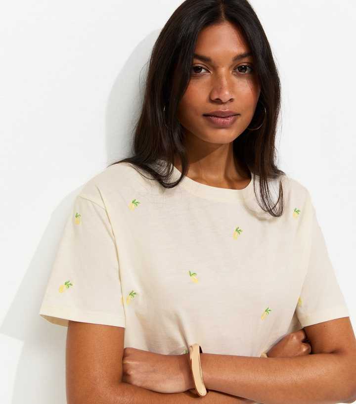 Off White Cotton Lemon Embroidered Boxy Fit T-Shirt