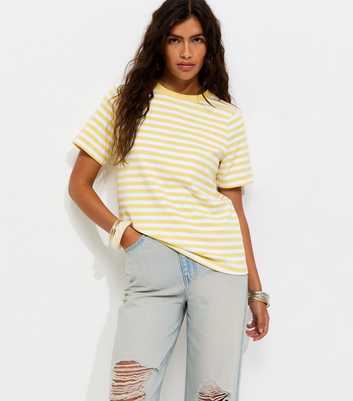 Premium Light Yellow Cotton Striped Relaxed T-Shirt