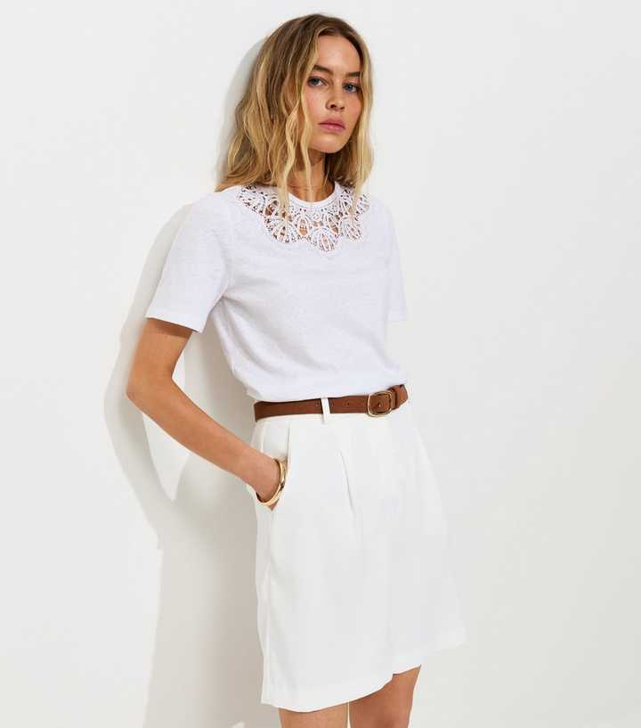 White Linen Rich Lace Trim Boxy Fit T-Shirt
