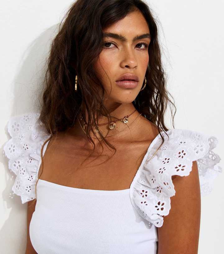 White Ribbed Jersey Broderie Sleeve Vest Top