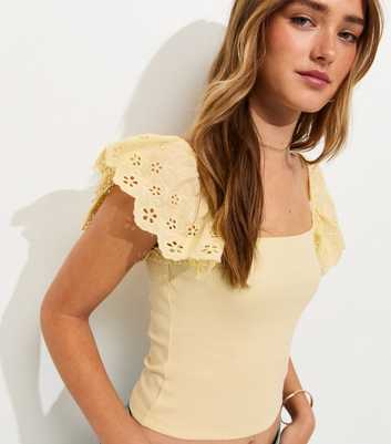 Light Yellow Ribbed Jersey Broderie Sleeve Vest Top