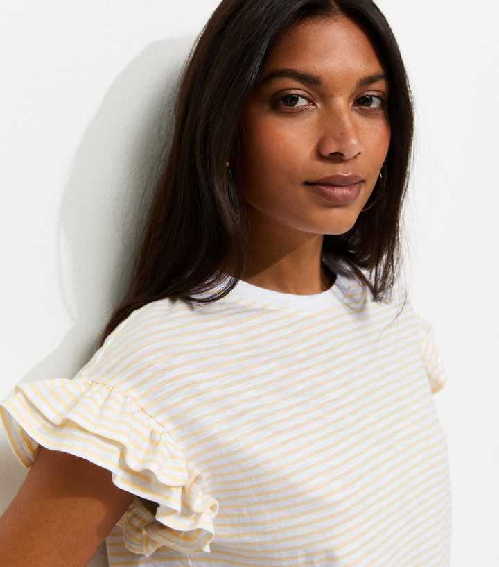 Cream Cotton Slub Striped Frill Sleeve T-Shirt