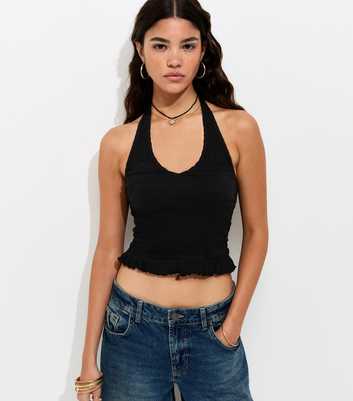 Black Shirred Halter Neck Vest