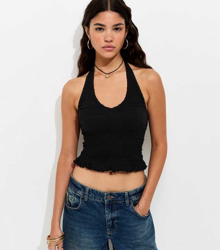 Black Shirred Halter Neck Vest