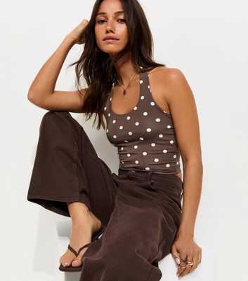 Brown Jersey Spot Print Halter Neck Top