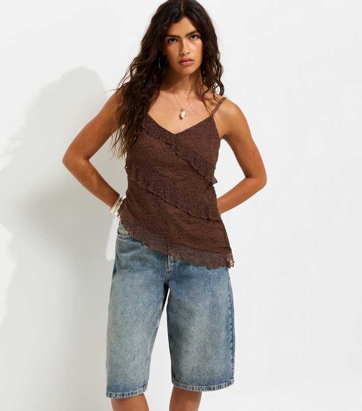 Dark Brown Jersey Ruffle Asymmetric Lace Cami Top
