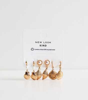Pack of 3 Gold Tone Seashell Stud Drop Earrings