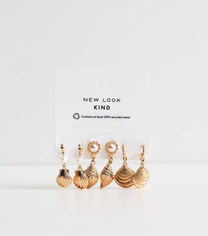 Pack of 3 Gold Tone Seashell Stud Drop Earrings