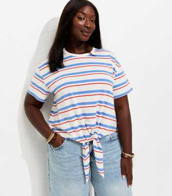 Curves White Cotton Striped Tie Front T-Shirt