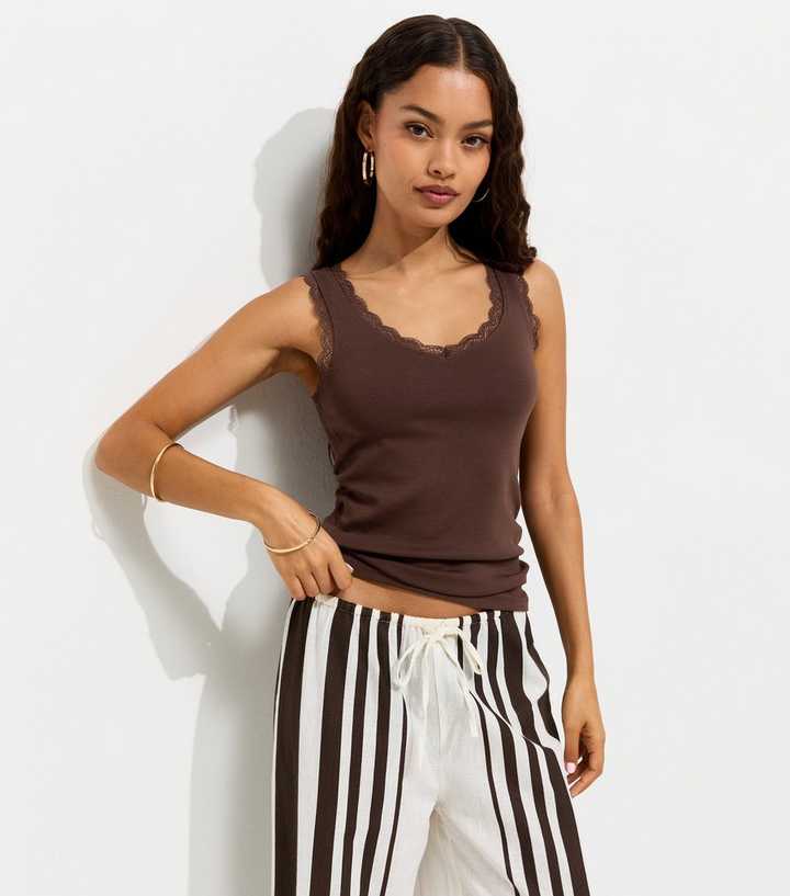 Petite Dark Brown Cotton Rich Lace Trim Vest Top