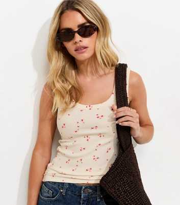 Petite Cream Ribbed Floral Wide Strap Tank Top