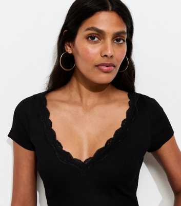 Black V Neck Lace Trim Top