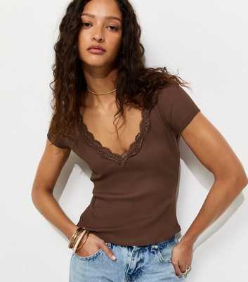 Dark Brown V Neck Lace Trim Top