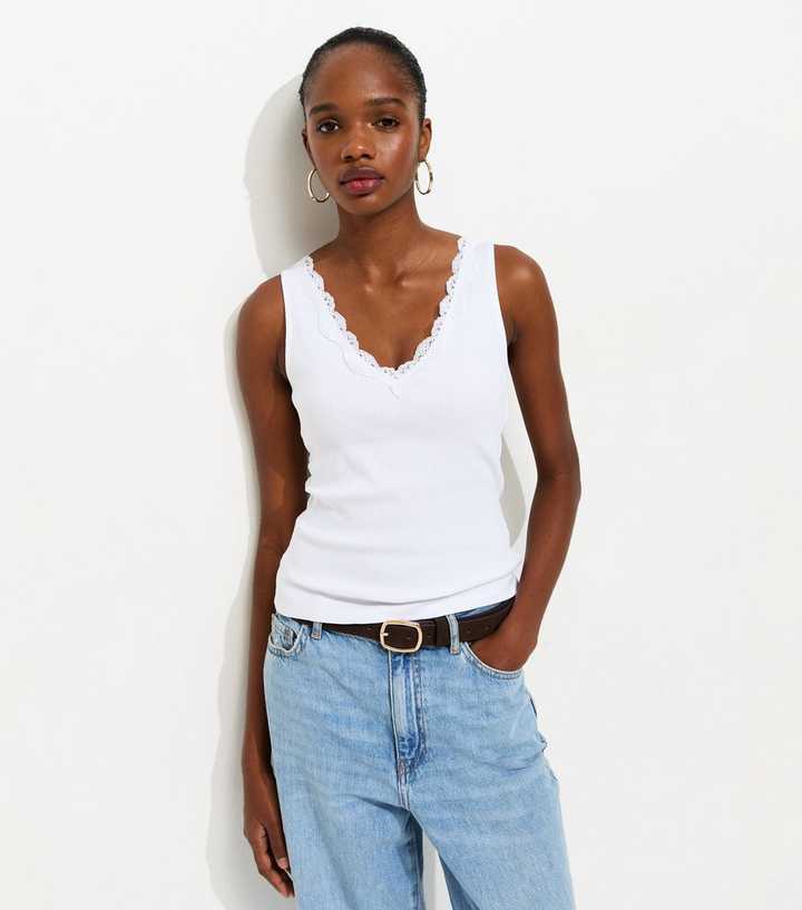 White V Neck Lace Trim Vest