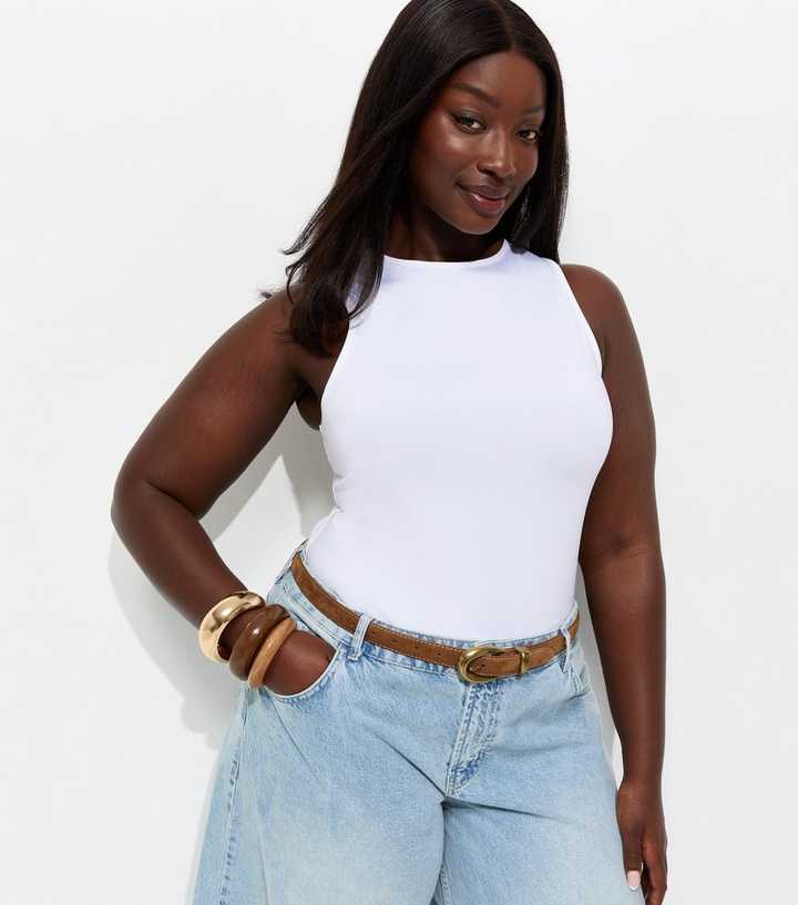 Curves White Slinky Racerback Bodysuit