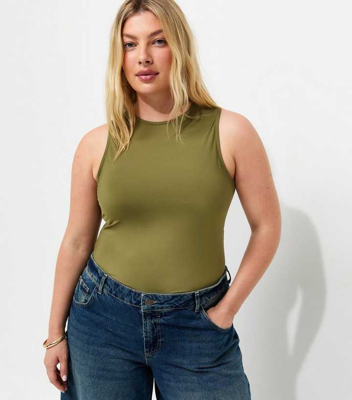 Curves Dark Khaki Slinky Racerback Bodysuit