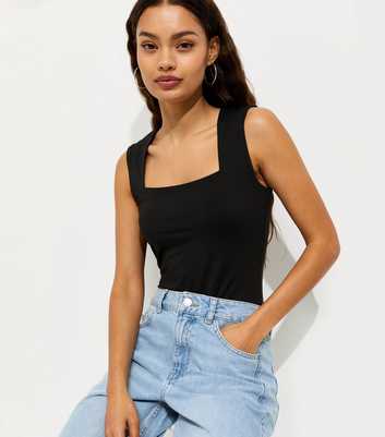 Petite Black Square Neck Neck Sleeveless Bodysuit