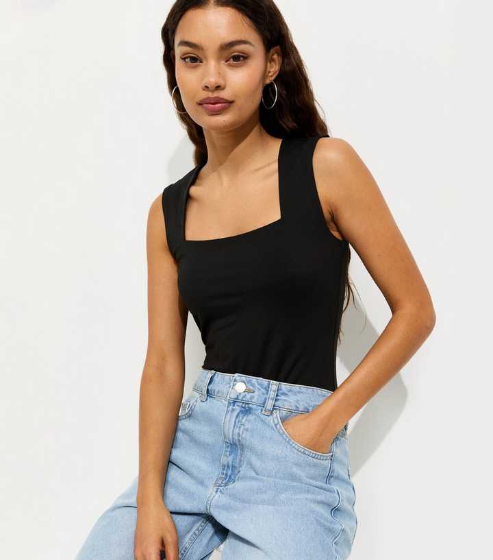 Petite Black Square Neck Neck Sleeveless Bodysuit
