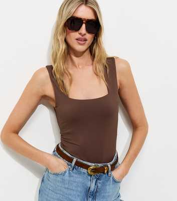 Tall Dark Brown Jersey Square Neck Sleeveless Bodysuit