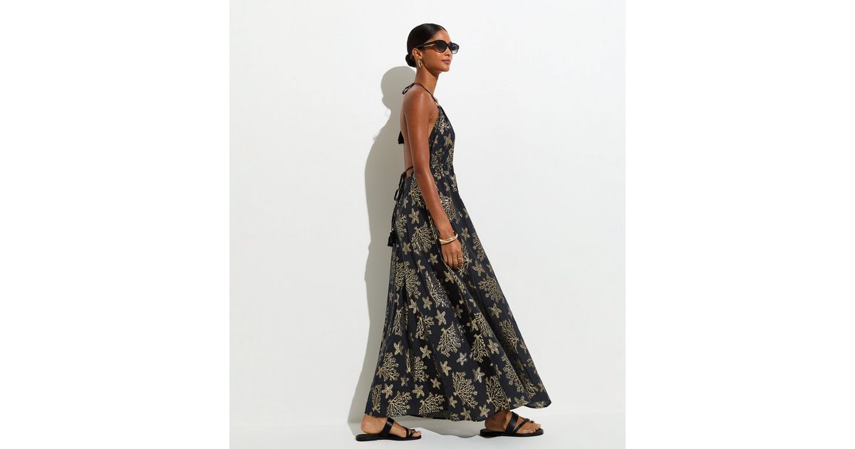 Black Cotton Rich Shimmer Jacquard V-Neck Beach Dress