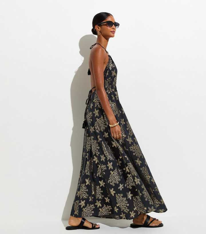 Black Cotton Rich Shimmer Jacquard V-Neck Beach Dress