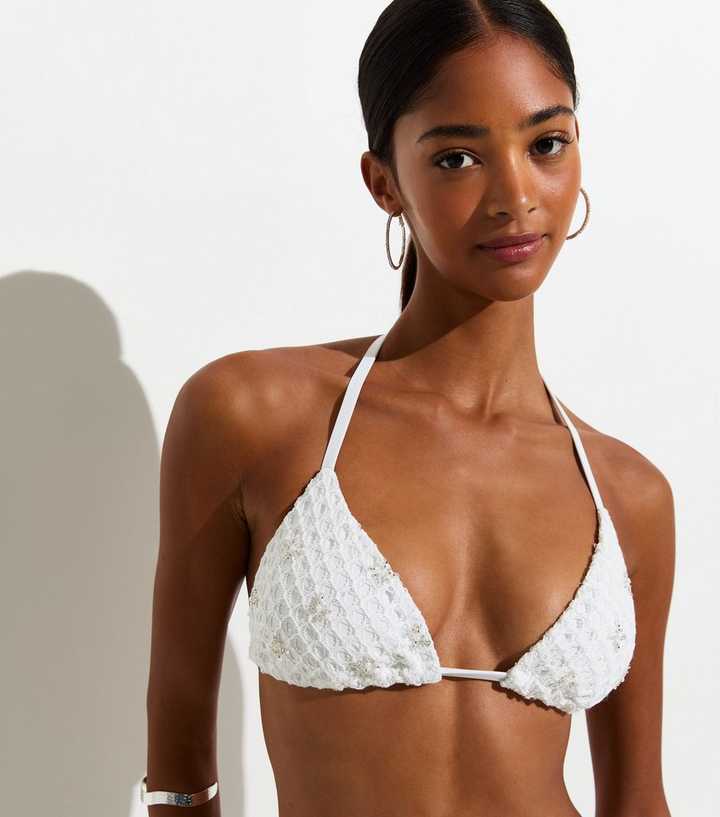 Premium White Sequin Triangle Bikini Top