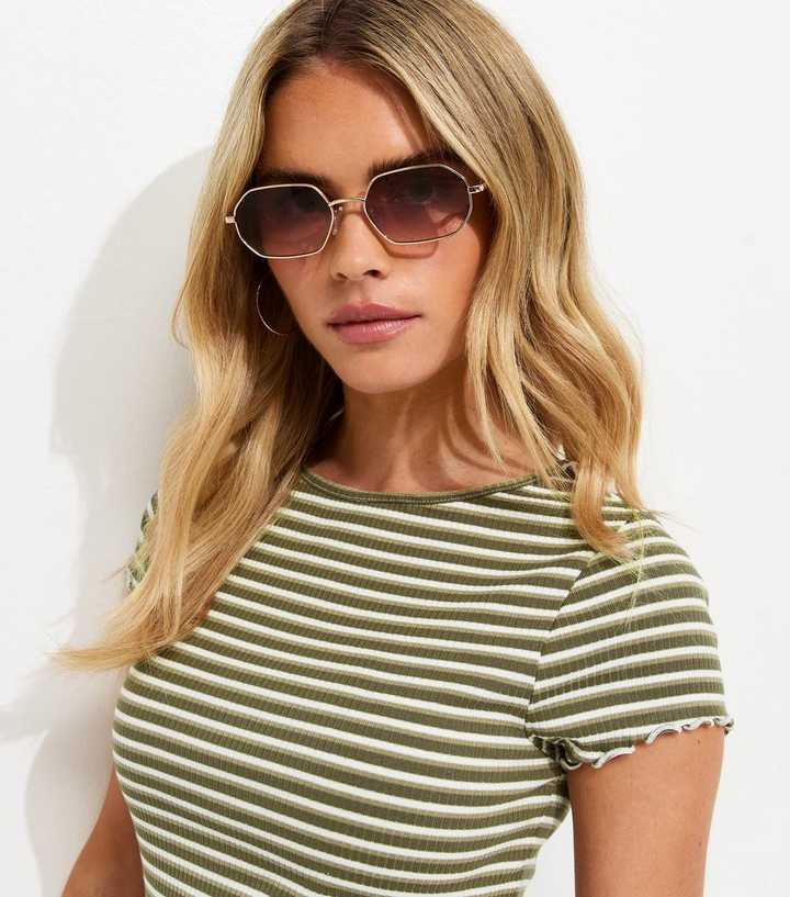 Petite Green Babylock Striped Lettuce Trim T-Shirt
