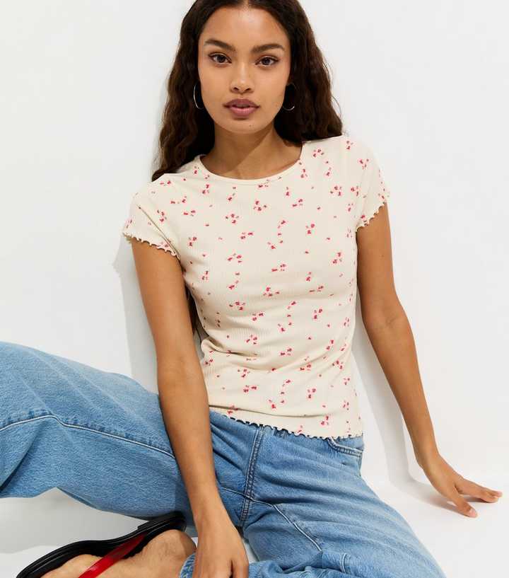 Petite Cream Ribbed Floral Babylock T-Shirt