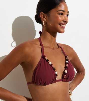 Burgundy Premium Beaded Edge Triangle Bikini Top