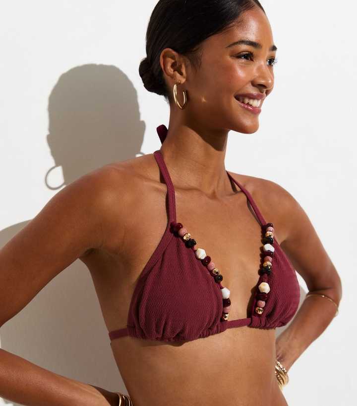 Burgundy Premium Beaded Edge Triangle Bikini Top