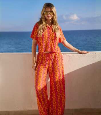 South Beach Orange Floral Crochet Wide Leg Beach Trousers