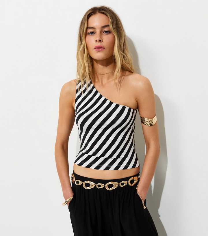 Black Jersey Diagonal Stripe One Shoulder Top