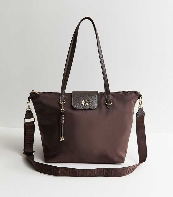 Dark Brown Fabric Zip Top Tote Bag