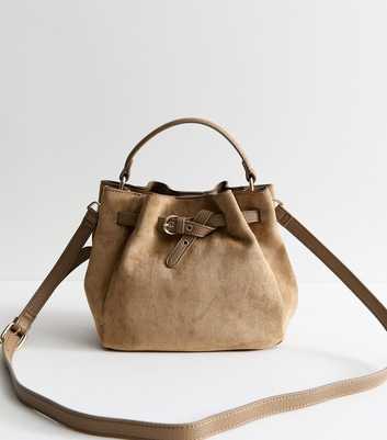 Camel Faux Suede Belted Bucket Bag