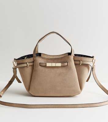 Mink Faux Suede Mini Belted Wing Tote Bag