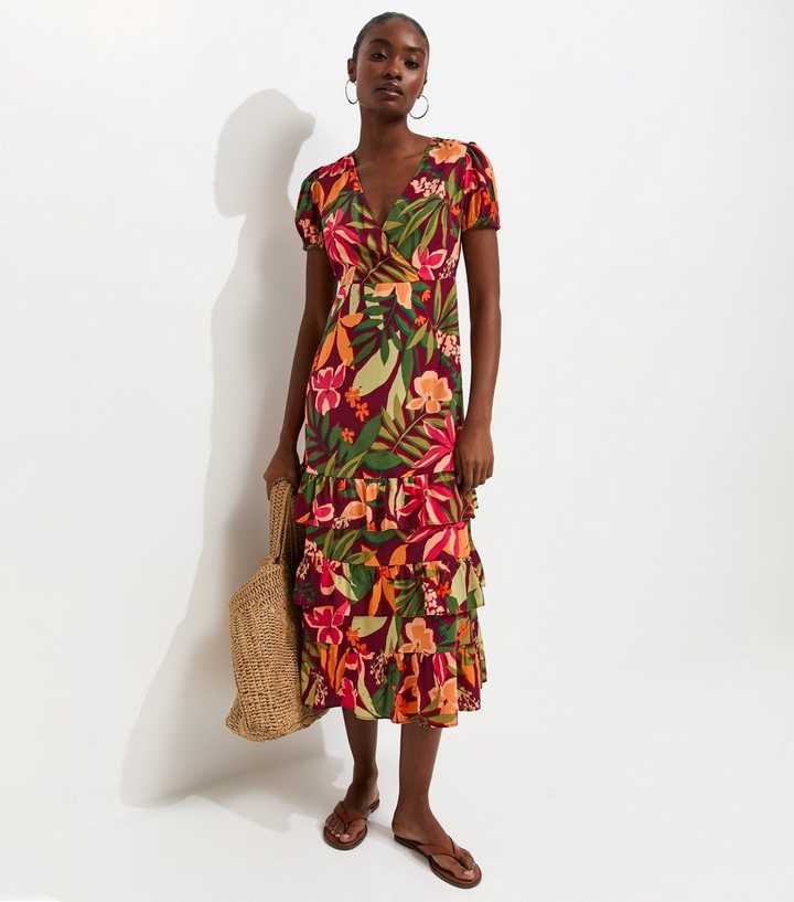Red Floral Short Sleeve Tiered Midi Dress