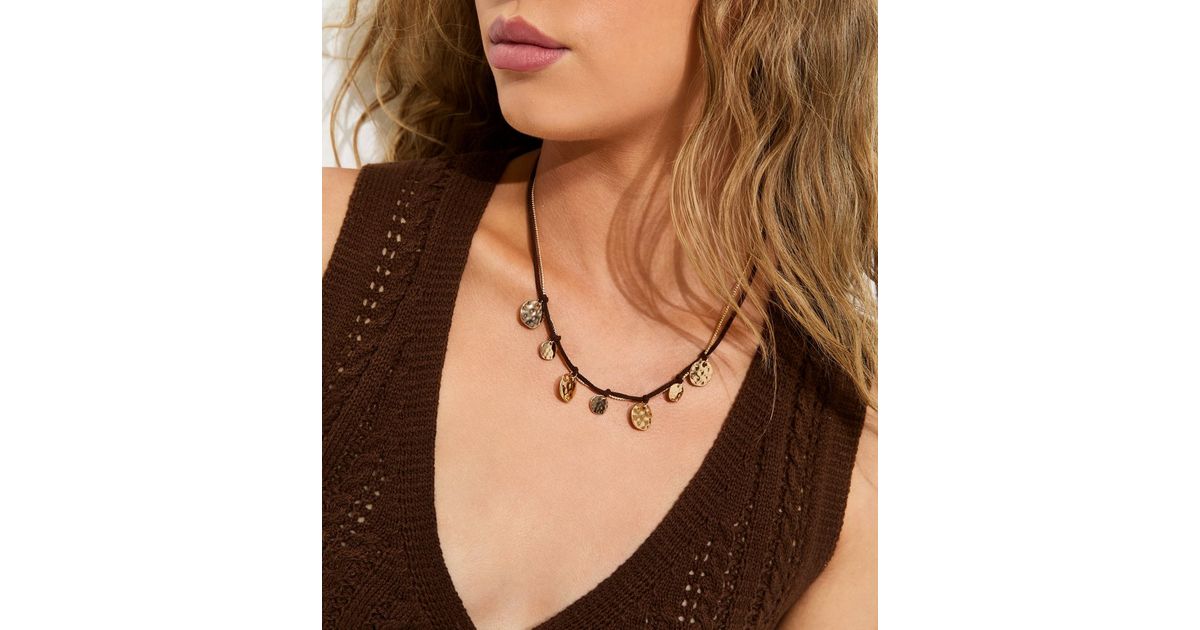 Gold Tone Double Layer Rope Chain Hammered Disc Pendant Necklace | New Look