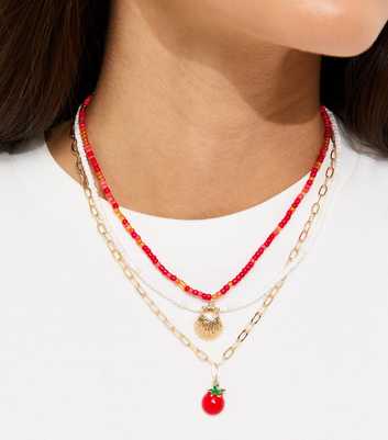 Pink Layered Seashell and Tomato Charm Necklace