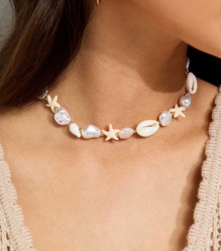 Gold Tone Cream Faux Pearl and Shell Necklace