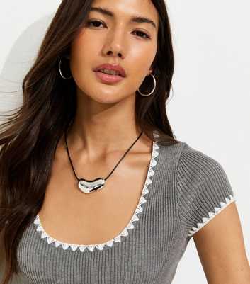 Dark Grey Ribbed Blanket Stitch Trim T-Shirt