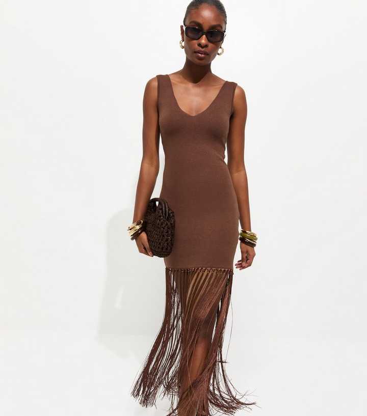 Brown Compact Tassel Hem Mini Dress