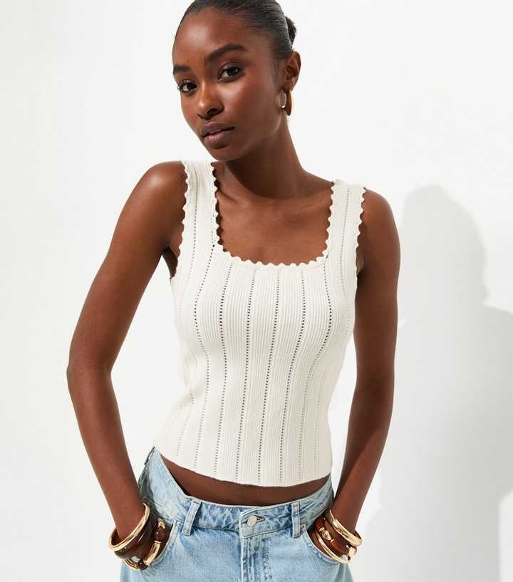 Cream Pointelle Square Neck Vest
